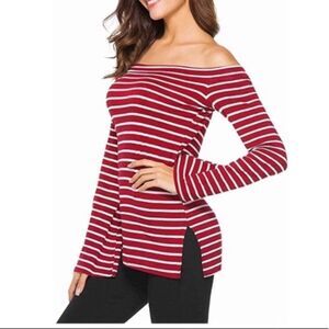 ZJCT brand Red and White Striped‎ Boat Neck Shirt